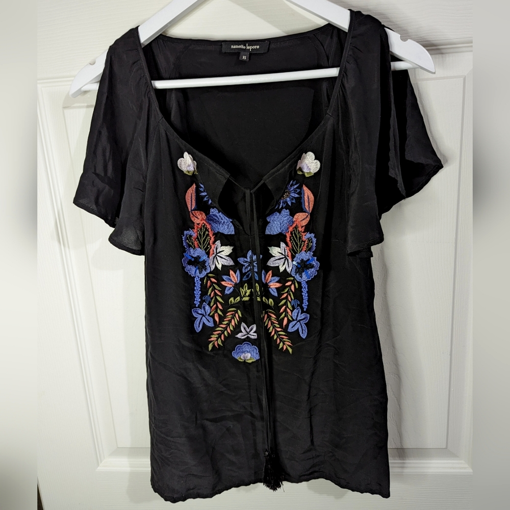 Nanette Lepore black silk floral embroidered blouse boho style size XS